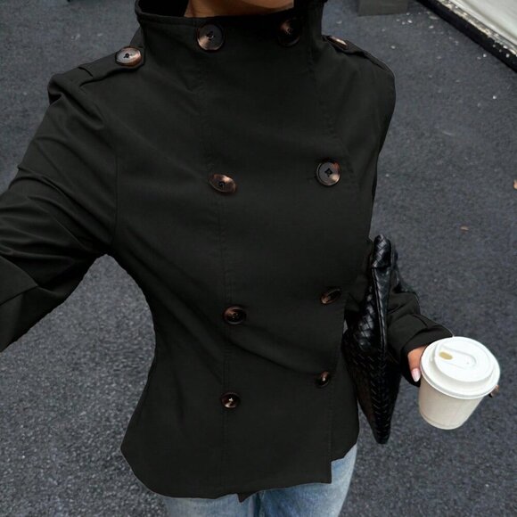 Black Casual Women's Double-Breasted Long Sleeve Trench mini Coat jacket - Picture 1 of 5